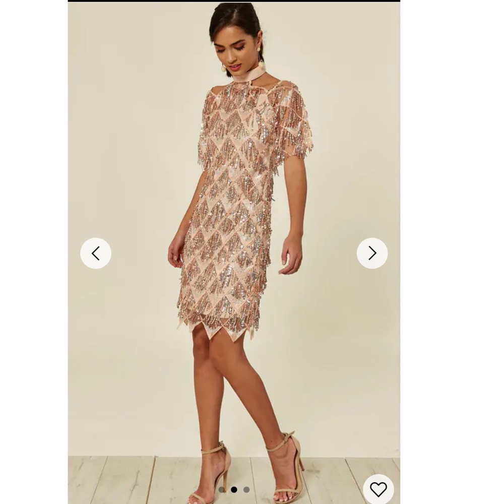 Treasure Rose Gold Sequin Tassel Fringe Cold Shoulder Midi Pencil Dress